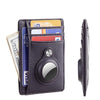 A dark gray RFID blocking card holder wallet displaying several credit cards and an ID.