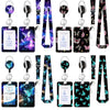 A set of purple and black retractable badge reels with various designs and neck straps.