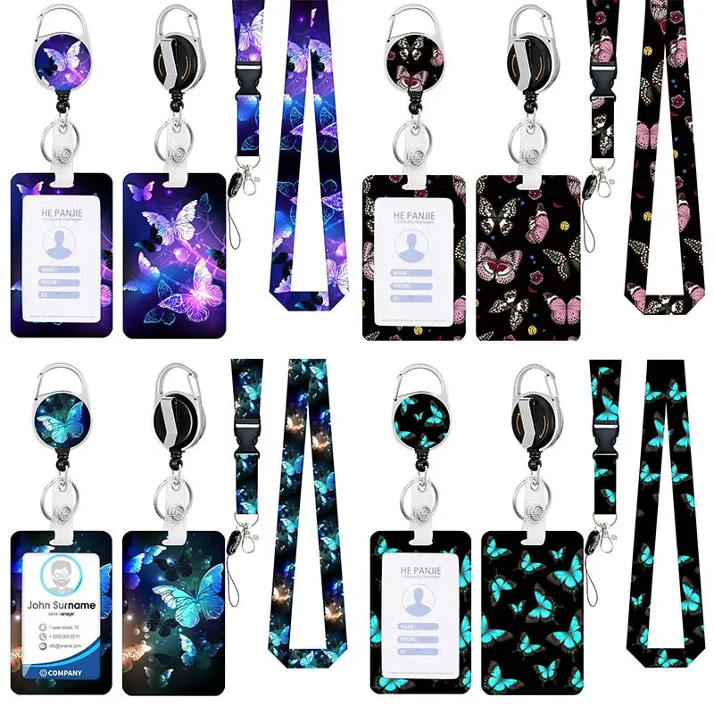 A set of purple and black retractable badge reels with various designs and neck straps.