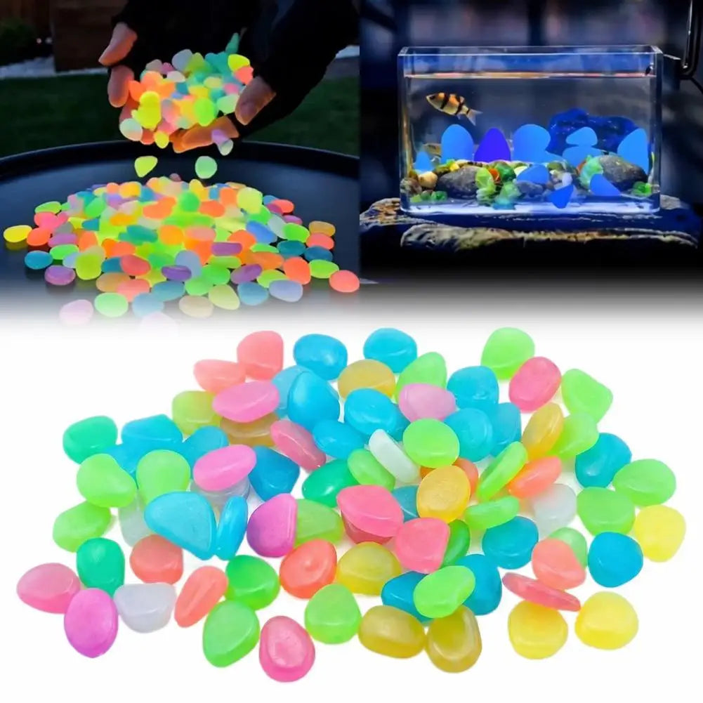 A collection of brightly colored glow-in-the-dark solar pebbles in various shades of green, yellow, pink, and blue.