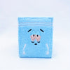 A light blue embroidered fabric wallet with a face design on the front.