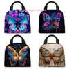 Four colorful butterfly print insulated lunch tote bags shown in various colors and patterns.