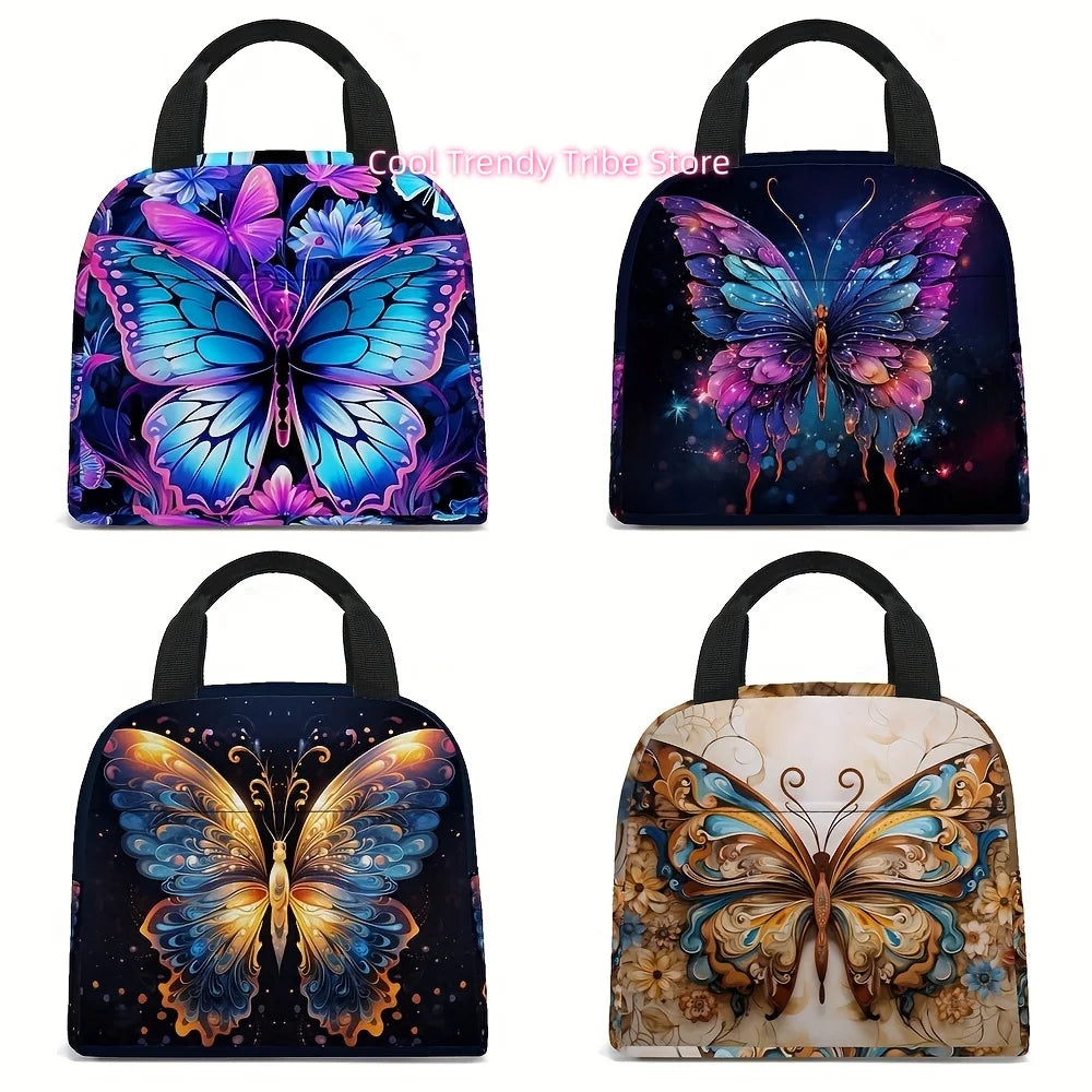 Four colorful butterfly print insulated lunch tote bags shown in various colors and patterns.