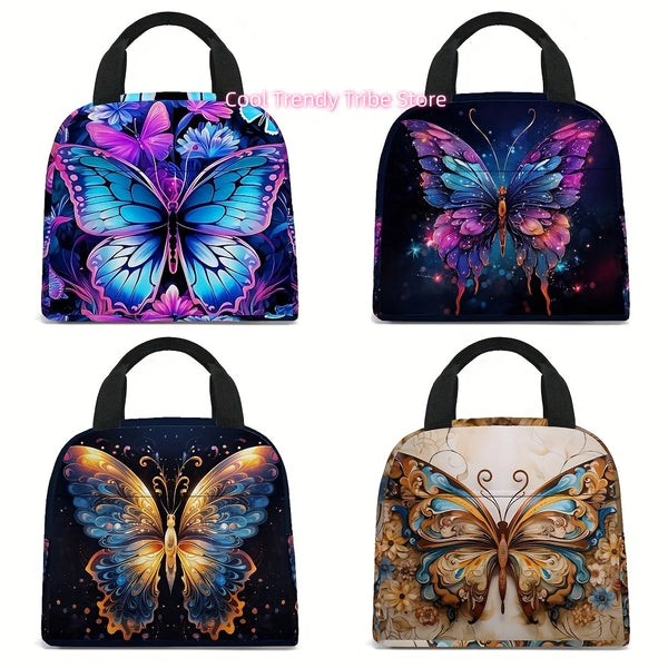 Cuatro bolsas térmicas para almuerzo con estampado de mariposa de varios colores y patrones