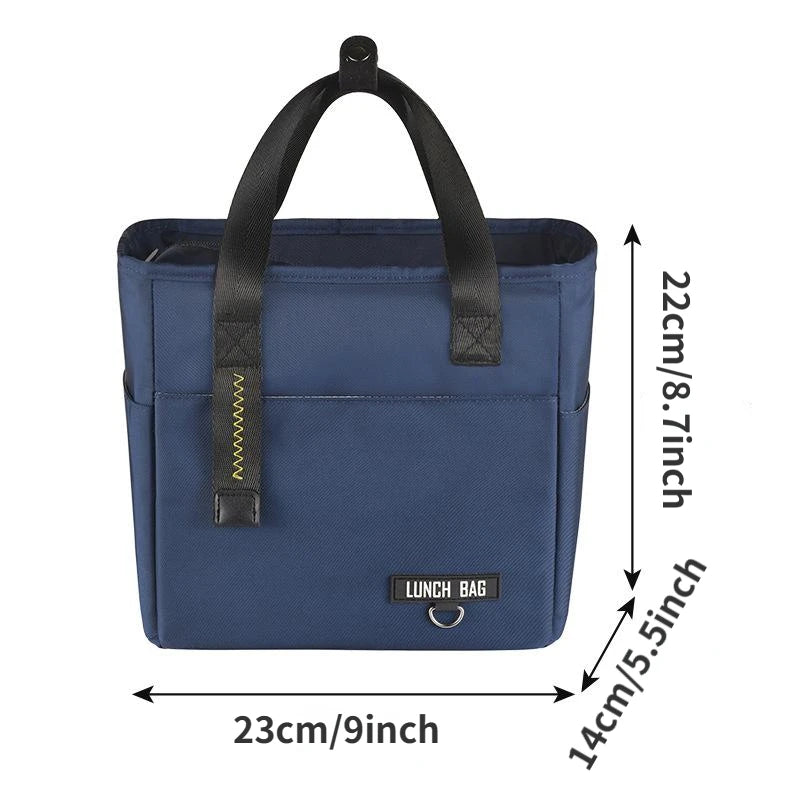 A dark blue insulated lunch bag with black handles and a waterproof lining.