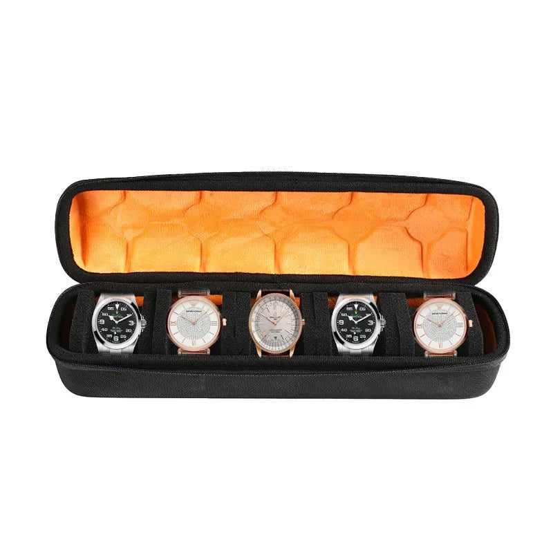 Black watch organizer case with an orange soft lining holding five watches.