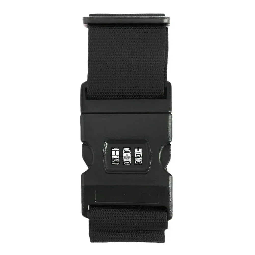 Black adjustable luggage strap with a combination lock feature.