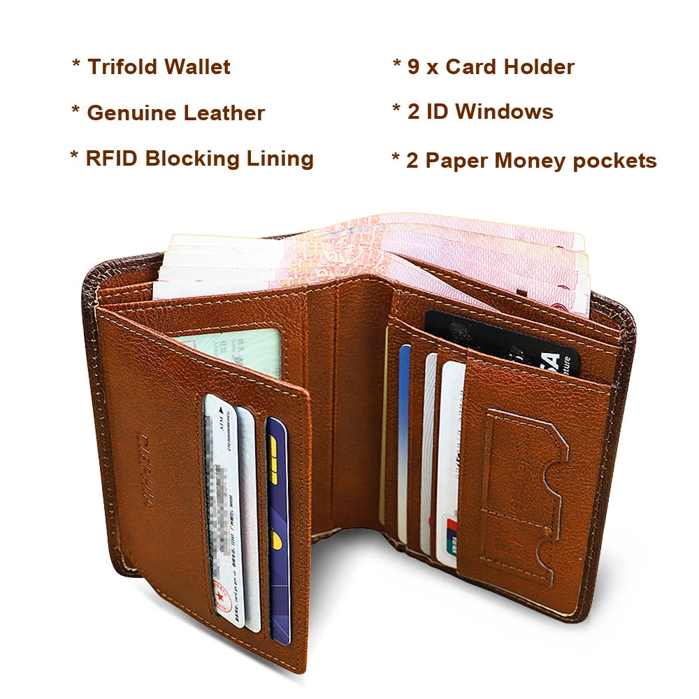 A brown trifold leather wallet showing various card slots and money pockets.