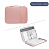 Funda protectora de nylon rosa para tableta o portátil, mostrada doblada y abierta.