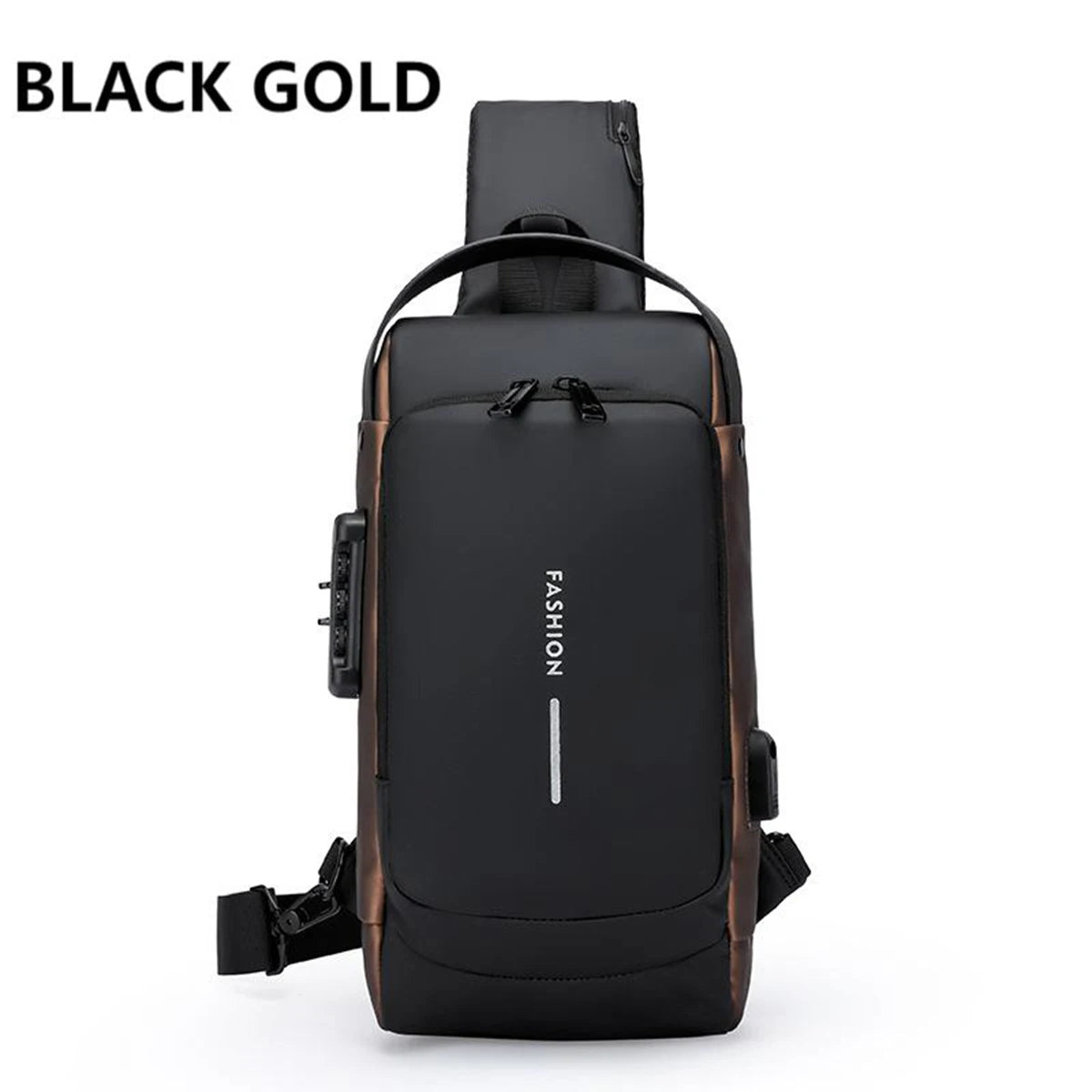 Black gold men's anti-theft lock chest bag with brown accents shown from the back.