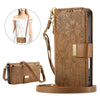 A brown leather zippered crossbody phone wallet case for an iPhone, shown with a separate women's outfit.