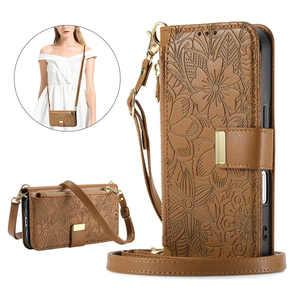 A brown leather zippered crossbody phone wallet case for an iPhone, shown with a separate women's outfit.