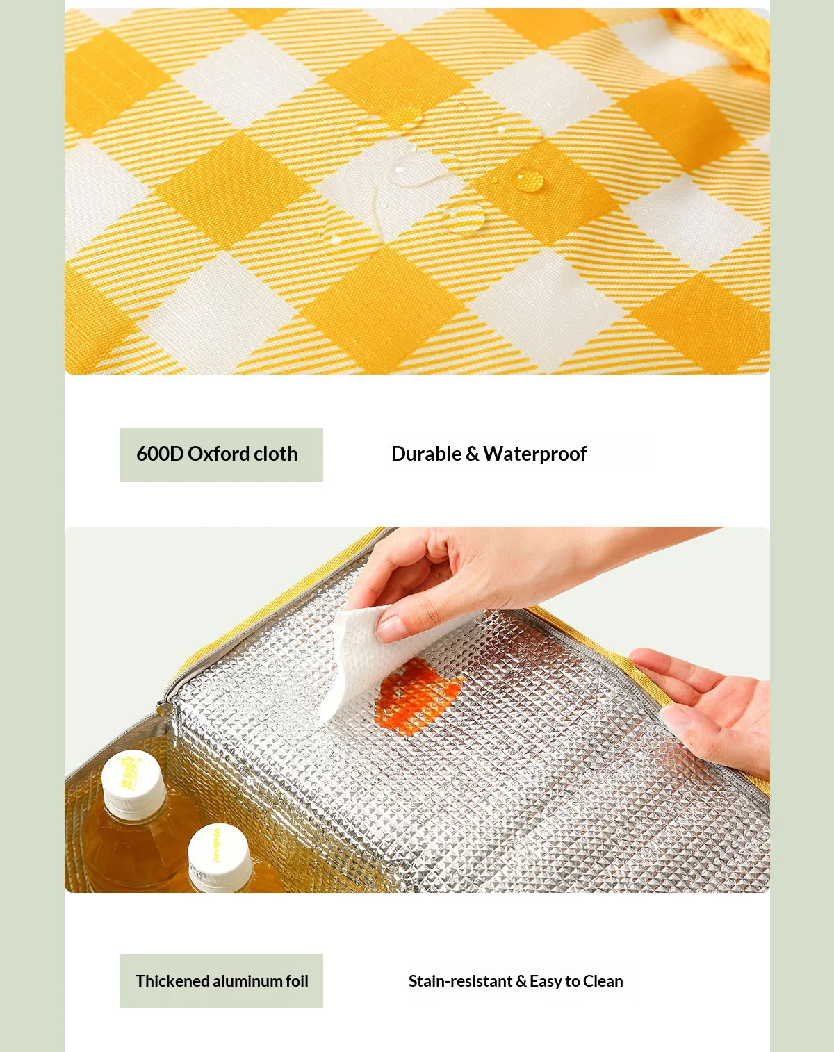 A close-up of a textured yellow and white checkered cloth and a thickened aluminum foil lining for an insulated picnic tote.