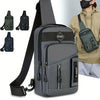 A gray adjustable crossbody sling bag shown with multiple color options and a person wearing the bag.