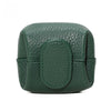 A dark green compact coin purse with a textured leather finish and snap closure.