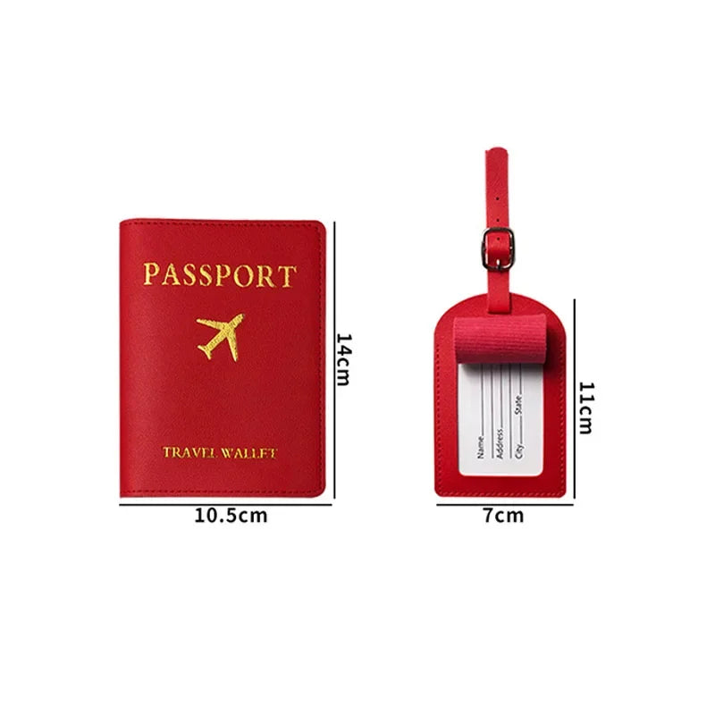 A red PU leather passport holder with a strap and card slots.