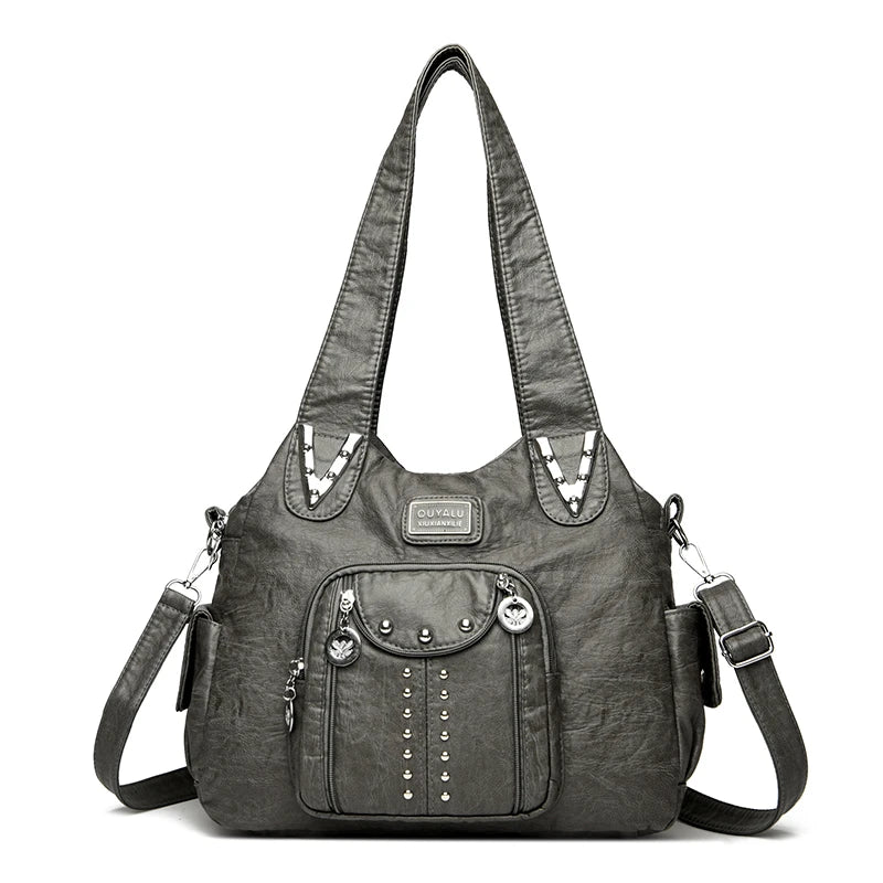 Dunkelgrabe Vintage-Leder-Schultertasche aus weichem PU mit Schnurverschluss und dekorativer Naht