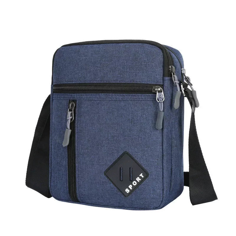 A dark blue men's lightweight crossbody sling bag with a zipper and adjustable strap.