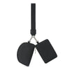 Black compact wristlet wallet featuring dual zip pockets and a black strap.