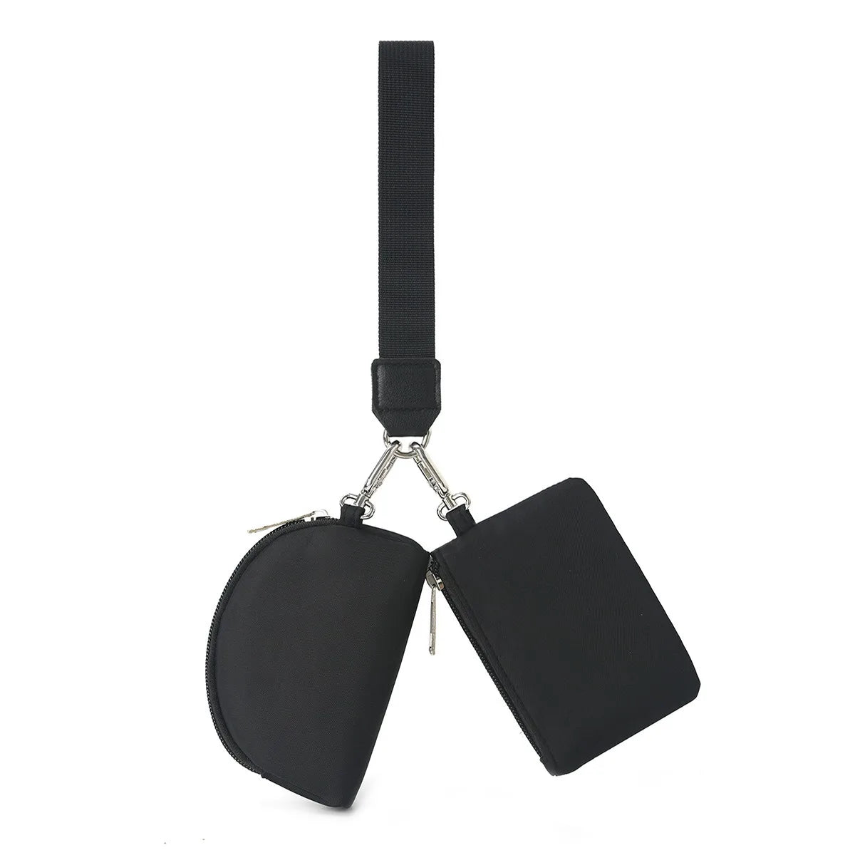 Black compact wristlet wallet featuring dual zip pockets and a black strap.