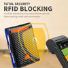 A black card wallet is shown with a yellow security overlay, demonstrating RFID blocking technology.