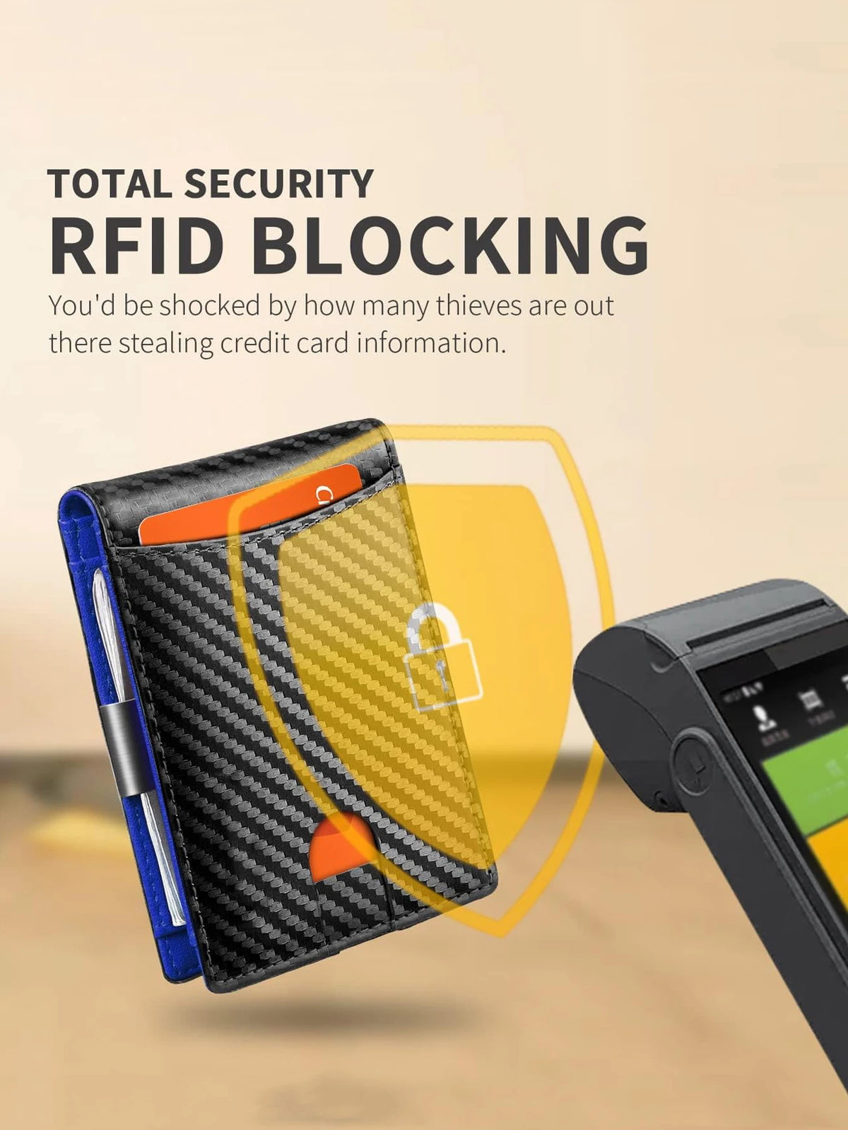 A black card wallet is shown with a yellow security overlay, demonstrating RFID blocking technology.