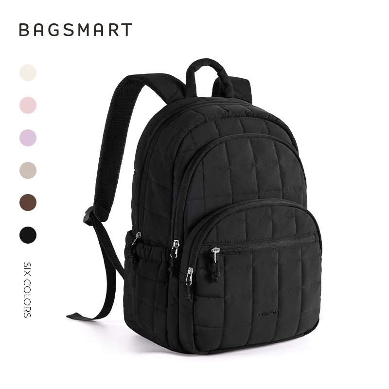 Black quilted casual backpack for students with adjustable straps and zippered pockets