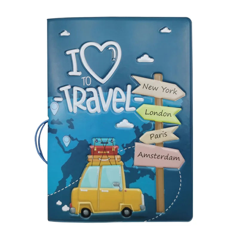 A blue passport cover featuring a 'I love to travel' theme with city destinations like New York, London, Paris, and Amsterdam