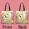 A cartoon illustration of a dog character in a tote bag design, featuring yellow and purple flowers.