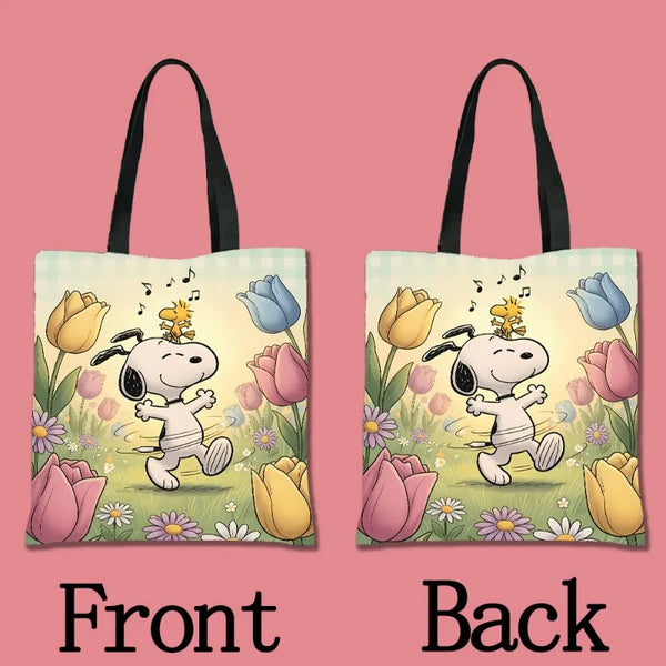 Ilustración de un perro en diseño de bolso, con flores amarillas y moradas.