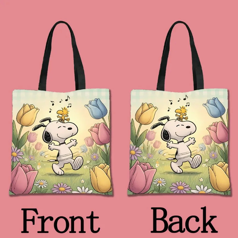 A cartoon illustration of a dog character in a tote bag design, featuring yellow and purple flowers.