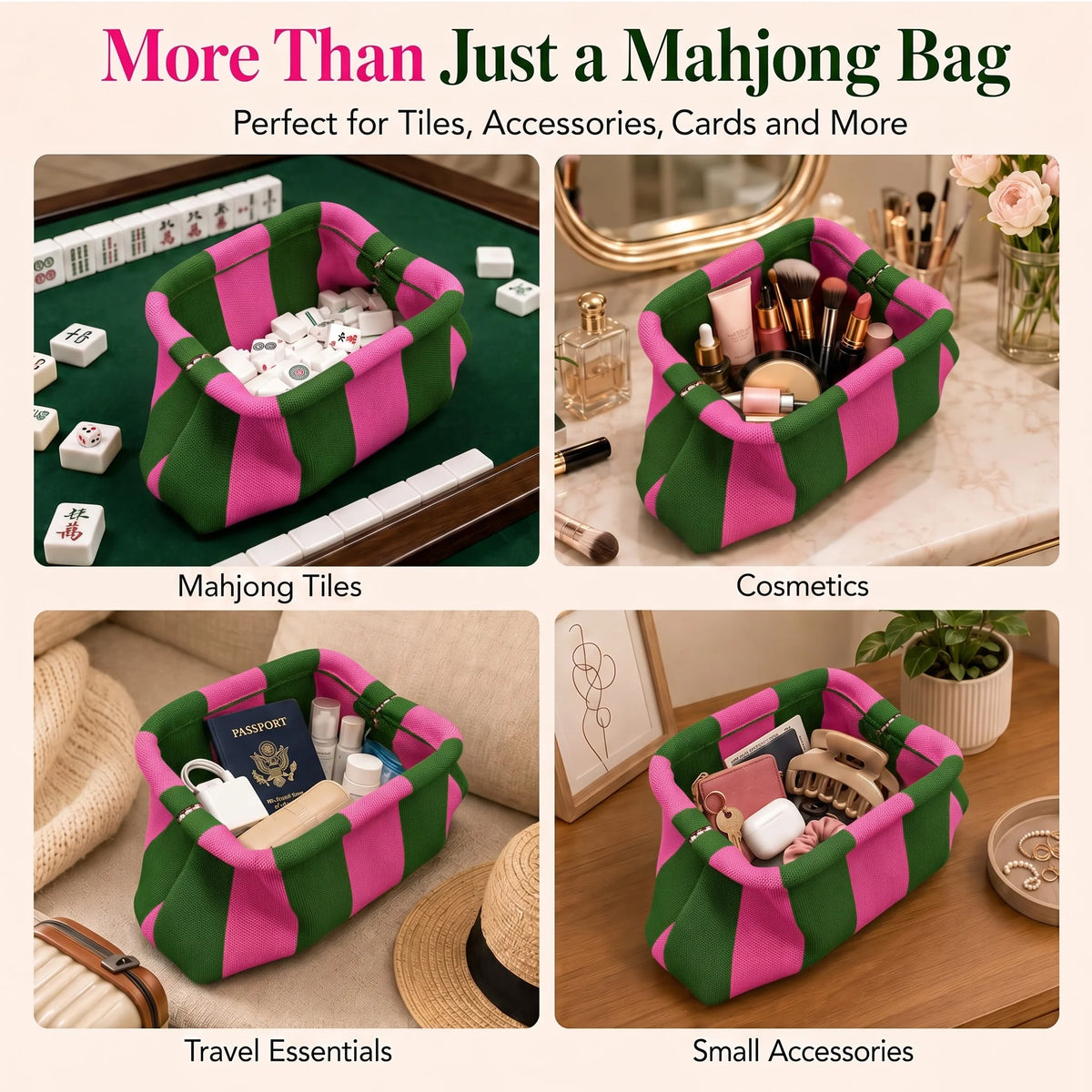 A green and pink striped knit storage bag used for organizing tiles, cosmetics, cards, and travel essentials.