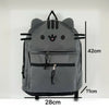 A gray Pusheen cat canvas backpack with black accents, shown from the front.
