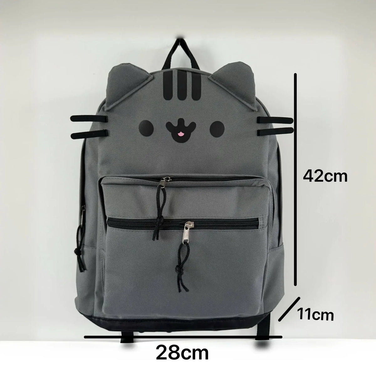 A gray Pusheen cat canvas backpack with black accents, shown from the front.