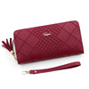 A deep burgundy quilted clutch wallet with a gold chain strap is shown against a white background.