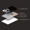 Diagram showing the layered structure of an RFID blocking card, including a top protective layer, jamming chip, transmitter a