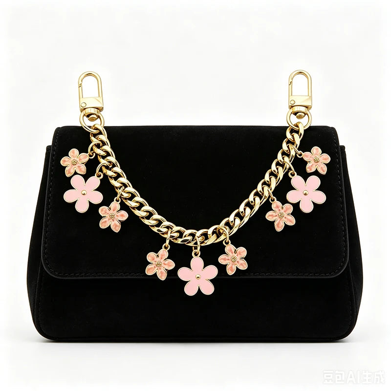 Schwarze Crossbody-Tasche mit goldfarbenem Kettenriemen, verziert mit rosa Perlenblüten.