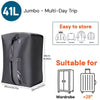 A black vacuum storage bag labeled 41L Jumbo for multi-day trips, shown next to clothing items.