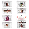 Six inspirational linen cosmetic bags featuring various empowering quotes and designs