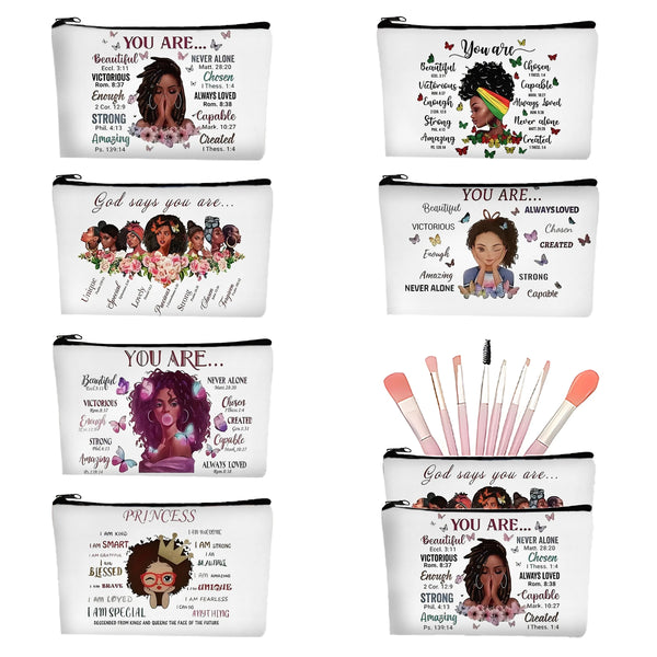 Six inspirational linen cosmetic bags featuring various empowering quotes and designs