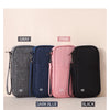 Una colección de cinco carteras de pasaporte bloqueadoras RFID de colores: gris, azul oscuro, rosa y negro.