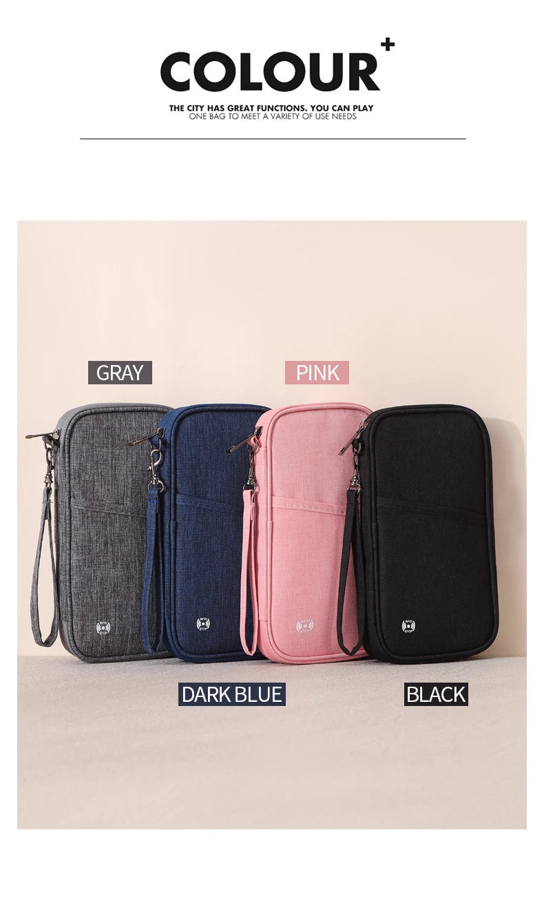 Una colección de cinco carteras de pasaporte bloqueadoras RFID de colores: gris, azul oscuro, rosa y negro.