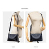 Demonstration of an adjustable PU leather crossbody bag strap on a model's shoulder and crossbody view.
