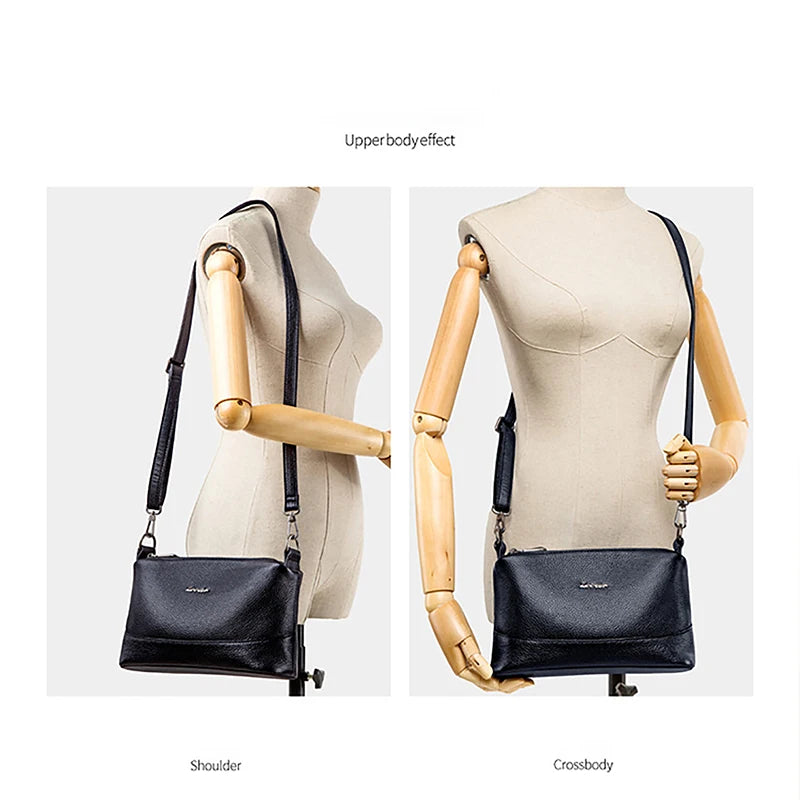 Demonstration of an adjustable PU leather crossbody bag strap on a model's shoulder and crossbody view.