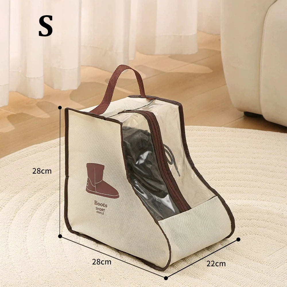 A beige portable waterproof boot storage bag shown with dimensions and a large white sofa in a bright room.