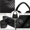 Black hand-woven faux leather tote bag showing details like a soft handle and hidden magnetic buckle.
