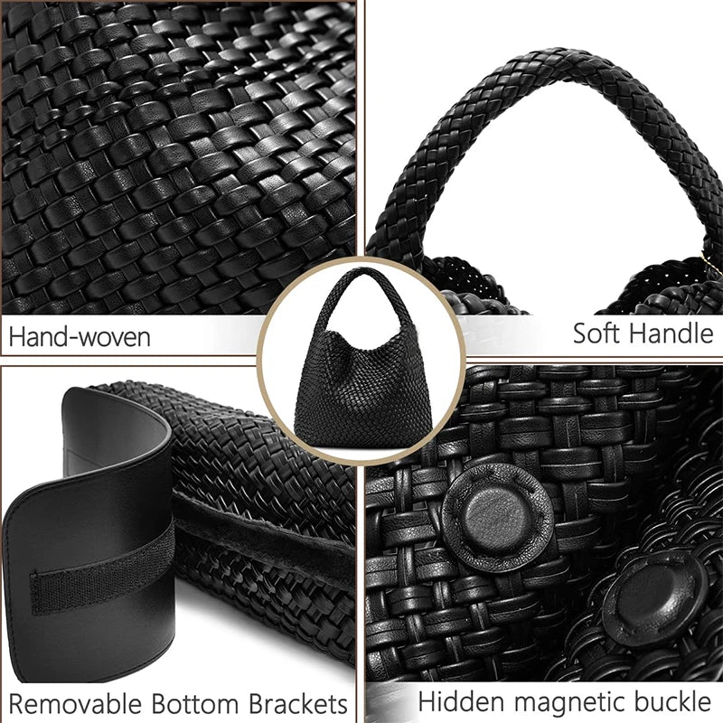 Black hand-woven faux leather tote bag showing details like a soft handle and hidden magnetic buckle.