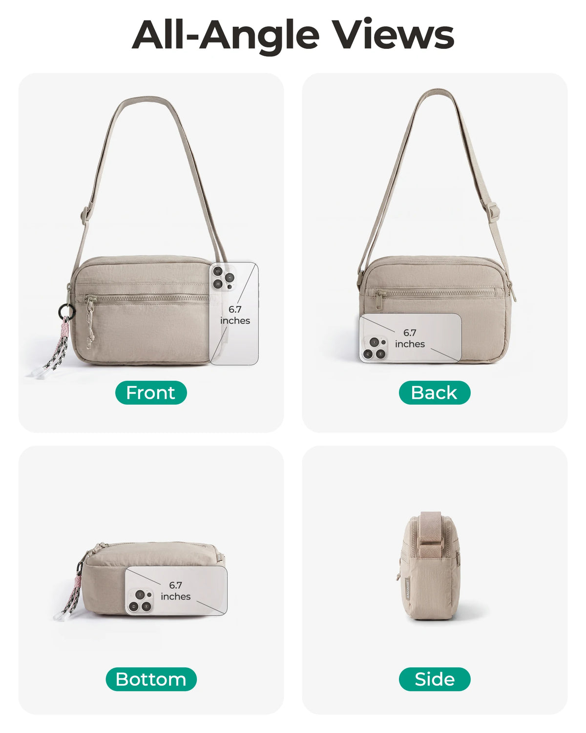 All-angle views of a beige crossbody shoulder bag showing front, back, bottom, and side perspectives.