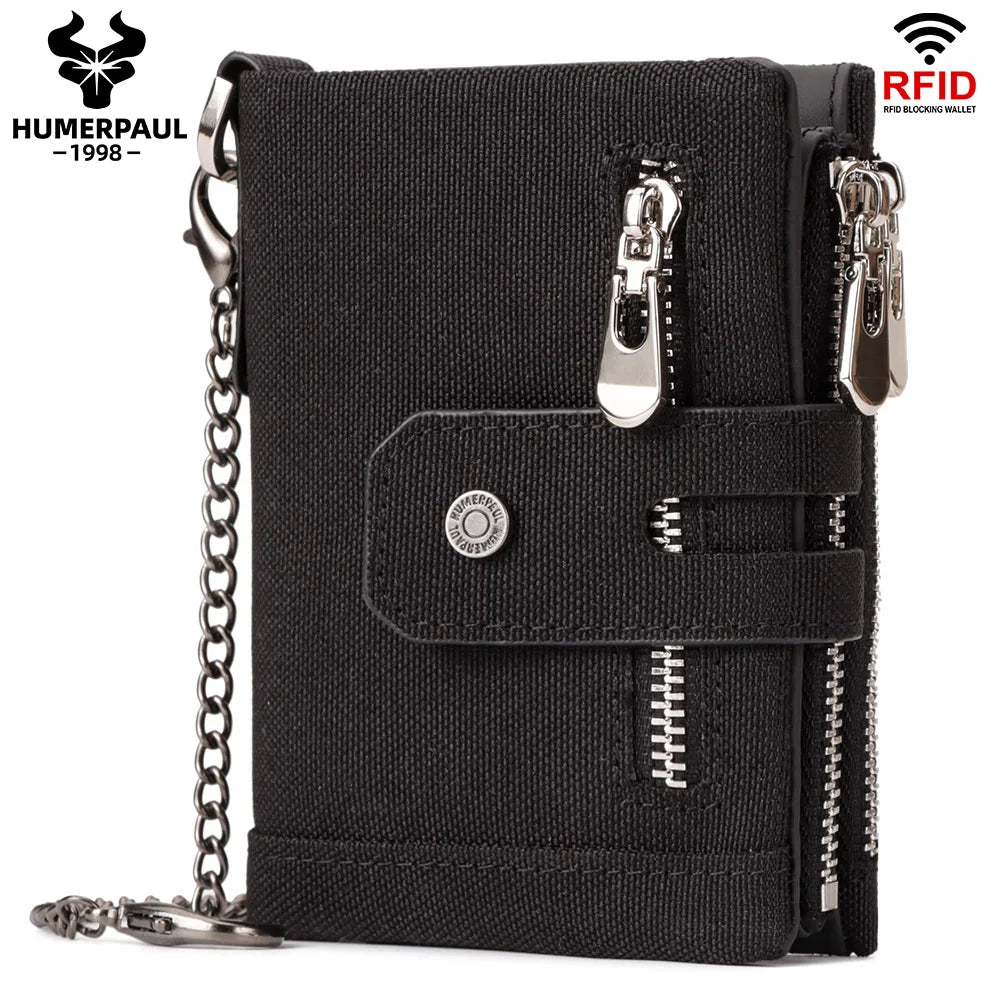 Black men's genuine leather bifold wallet with RFID blocking protection and double zippers