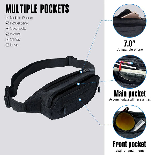 Black nylon waist pack featuring multiple pockets for mobile phone, powerbank, cosmetic, wallet, cards, and keys.